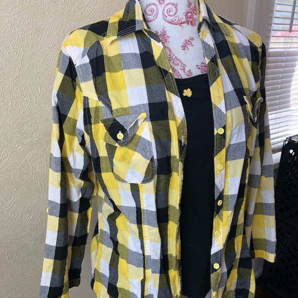 Cato Split Neck Button Down Plaid Shirt L Black - Picture 2 of 8